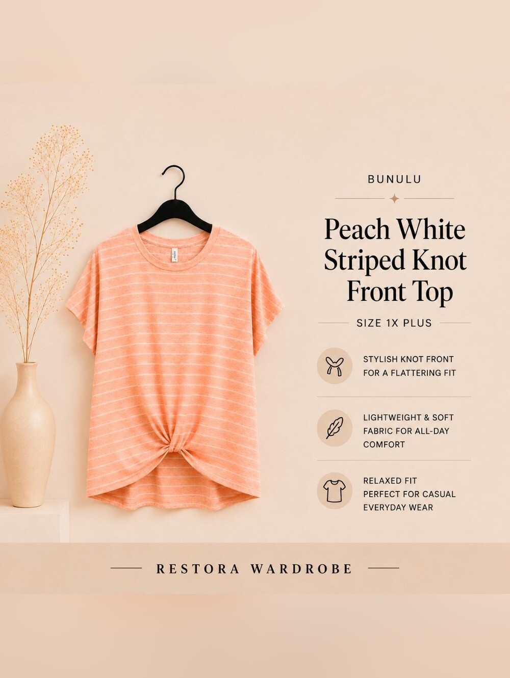 BUNULU Peach White Striped Knot Front Top 1X Plus Size Lightweight Casual Tee
